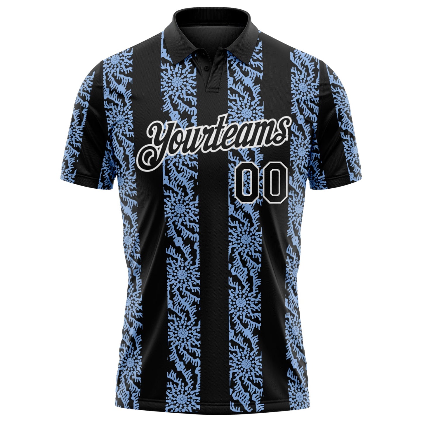 Custom Black Light Blue-White Abstract Floral Stripe Tribal Performance Polo Shirt
