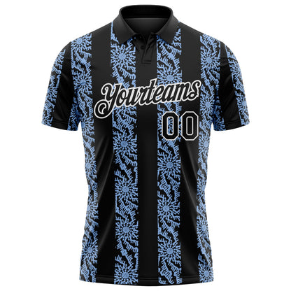 Custom Black Light Blue-White Abstract Floral Stripe Tribal Performance Polo Shirt