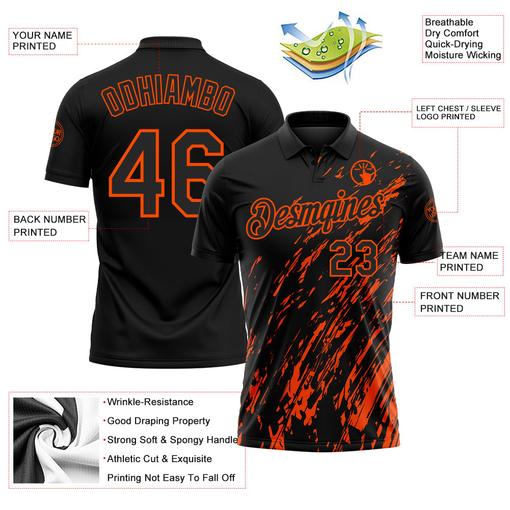 Custom Black-Orange Paint Stroke Grunge Streak Performance Polo Shirt