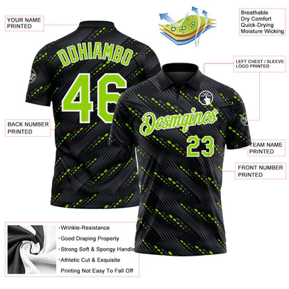 Custom Black Neon Green-White Slant Lines Cyber Mecha Tech Performance Polo Shirt