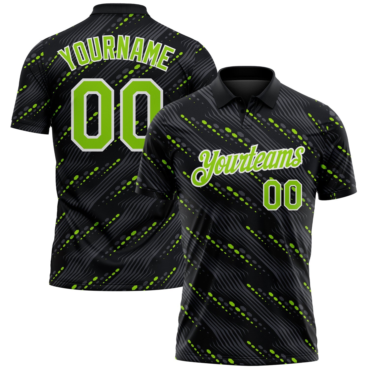 Custom Black Neon Green-White Slant Lines Cyber Mecha Tech Performance Polo Shirt