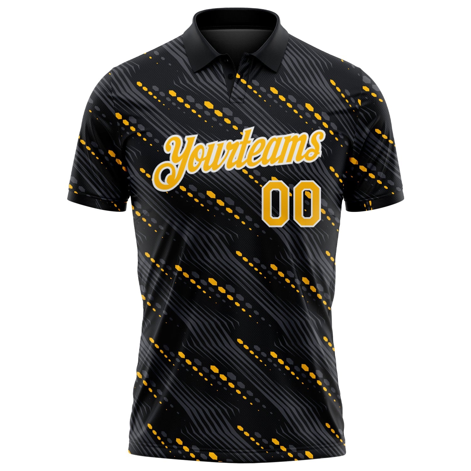 Custom Black Gold-White Slant Lines Cyber Mecha Tech Performance Polo Shirt