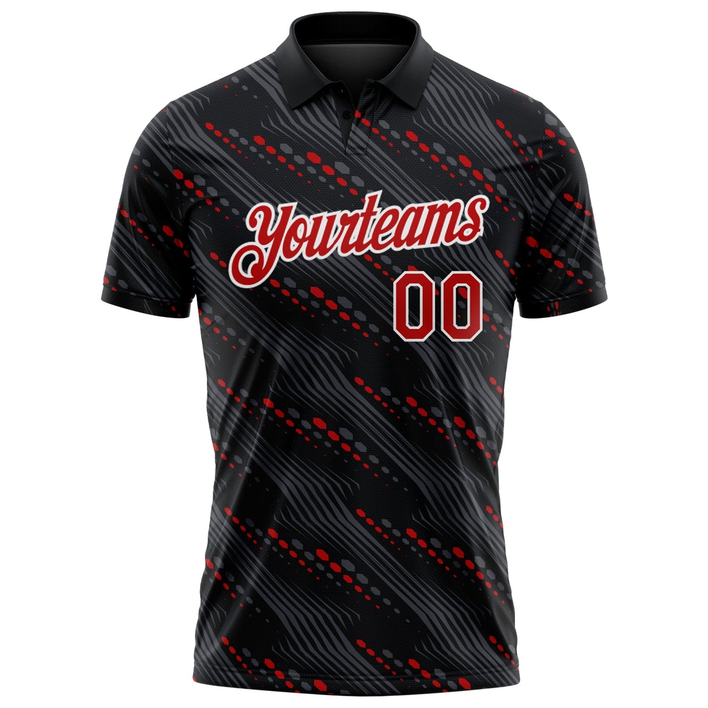Custom Black Red-White Slant Lines Cyber Mecha Tech Performance Polo Shirt