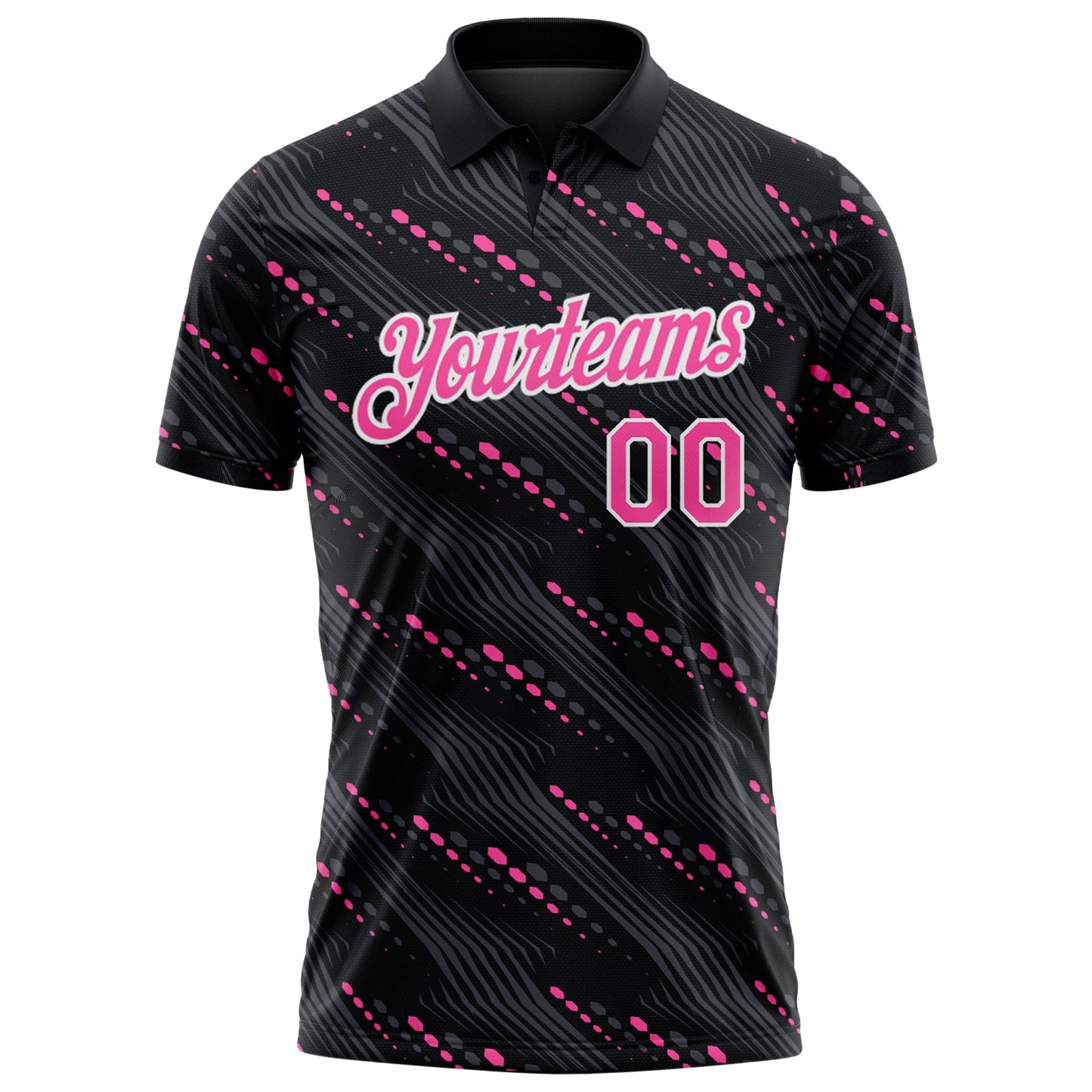 Custom Black Pink-White Slant Lines Cyber Mecha Tech Performance Polo Shirt