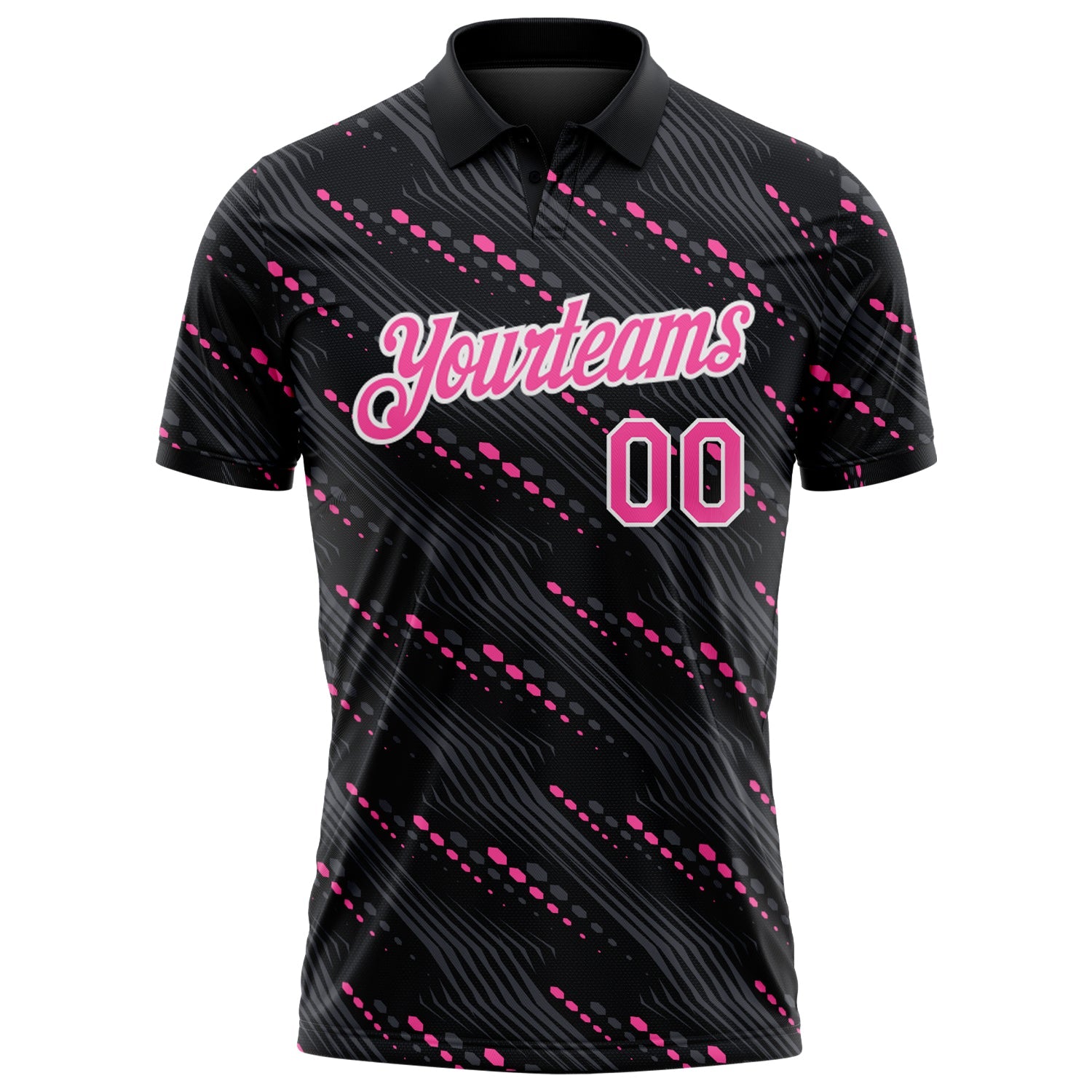Custom Black Pink-White Slant Lines Cyber Mecha Tech Performance Polo Shirt