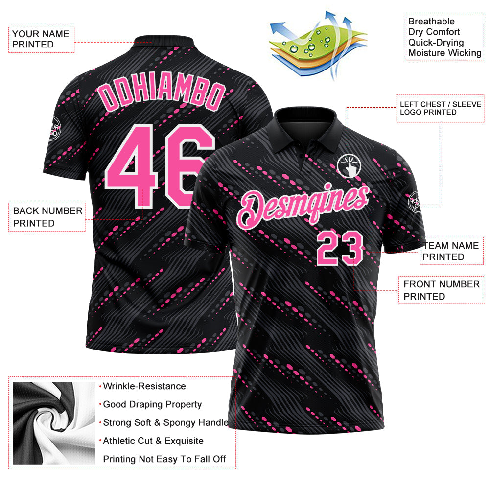 Custom Black Pink-White Slant Lines Cyber Mecha Tech Performance Polo Shirt