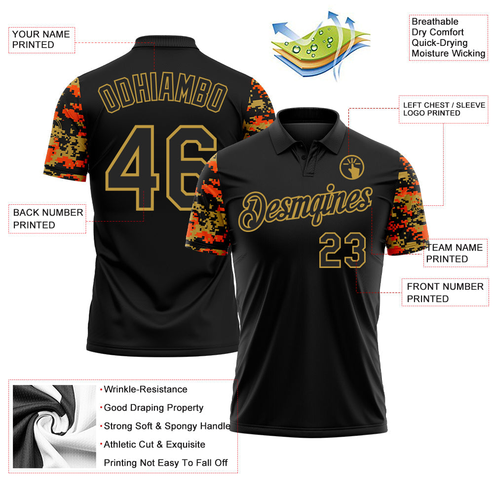 Custom Black Orange-Old Gold Digital Camo Two Tone Performance Polo Shirt