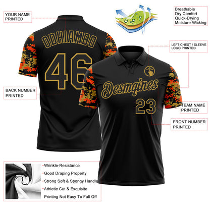 Custom Black Orange-Old Gold Digital Camo Two Tone Performance Polo Shirt