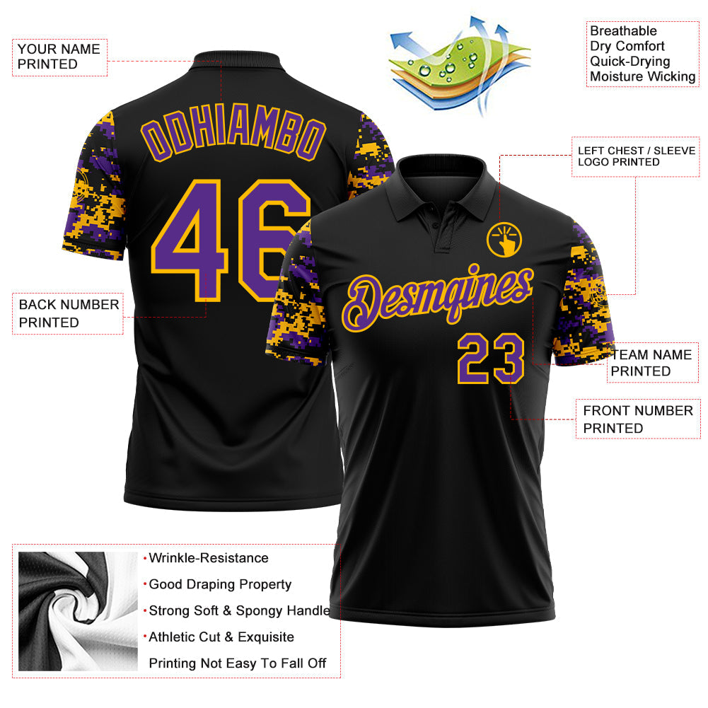 Custom Black Purple-Gold Digital Camo Two Tone Performance Polo Shirt