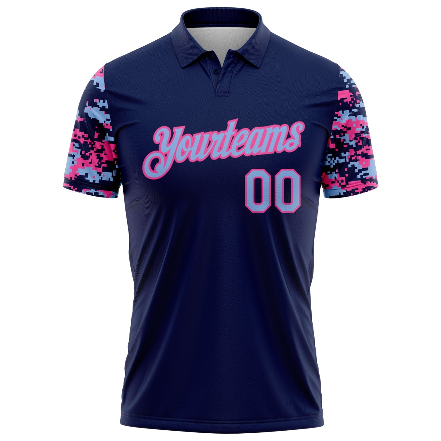 Custom Navy Light Blue-Pink Digital Camo Two Tone Performance Polo Shirt