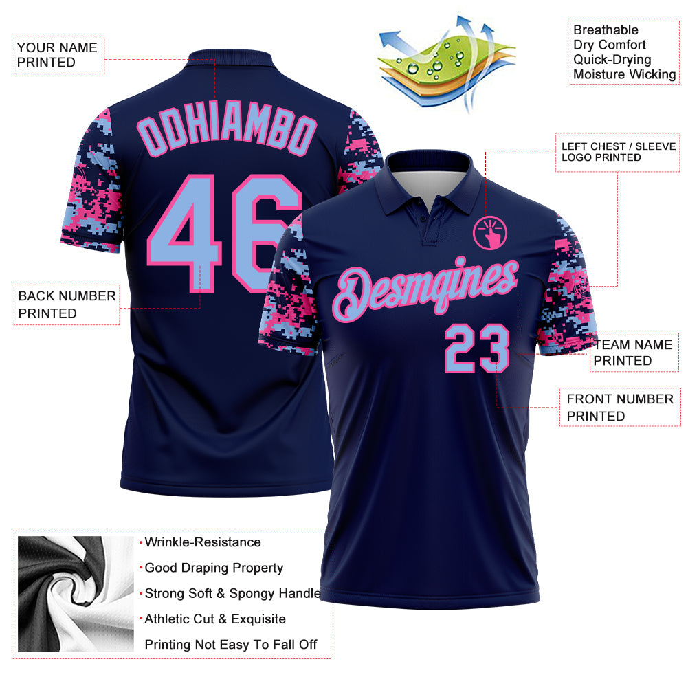 Custom Navy Light Blue-Pink Digital Camo Two Tone Performance Polo Shirt