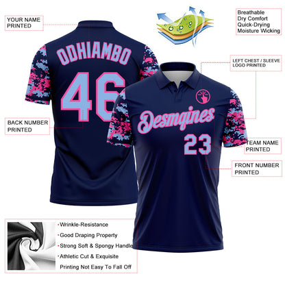 Custom Navy Light Blue-Pink Digital Camo Two Tone Performance Polo Shirt