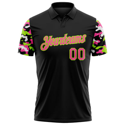 Custom Black Pink Neon Green-White Digital Camo Two Tone Performance Polo Shirt