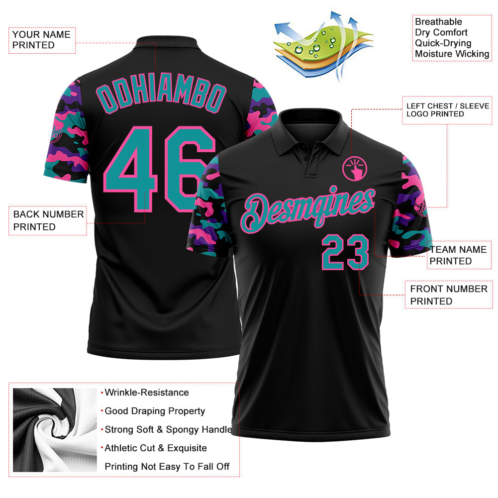 Custom Black Teal Purple-Pink Digital Camo Two Tone Performance Polo Shirt