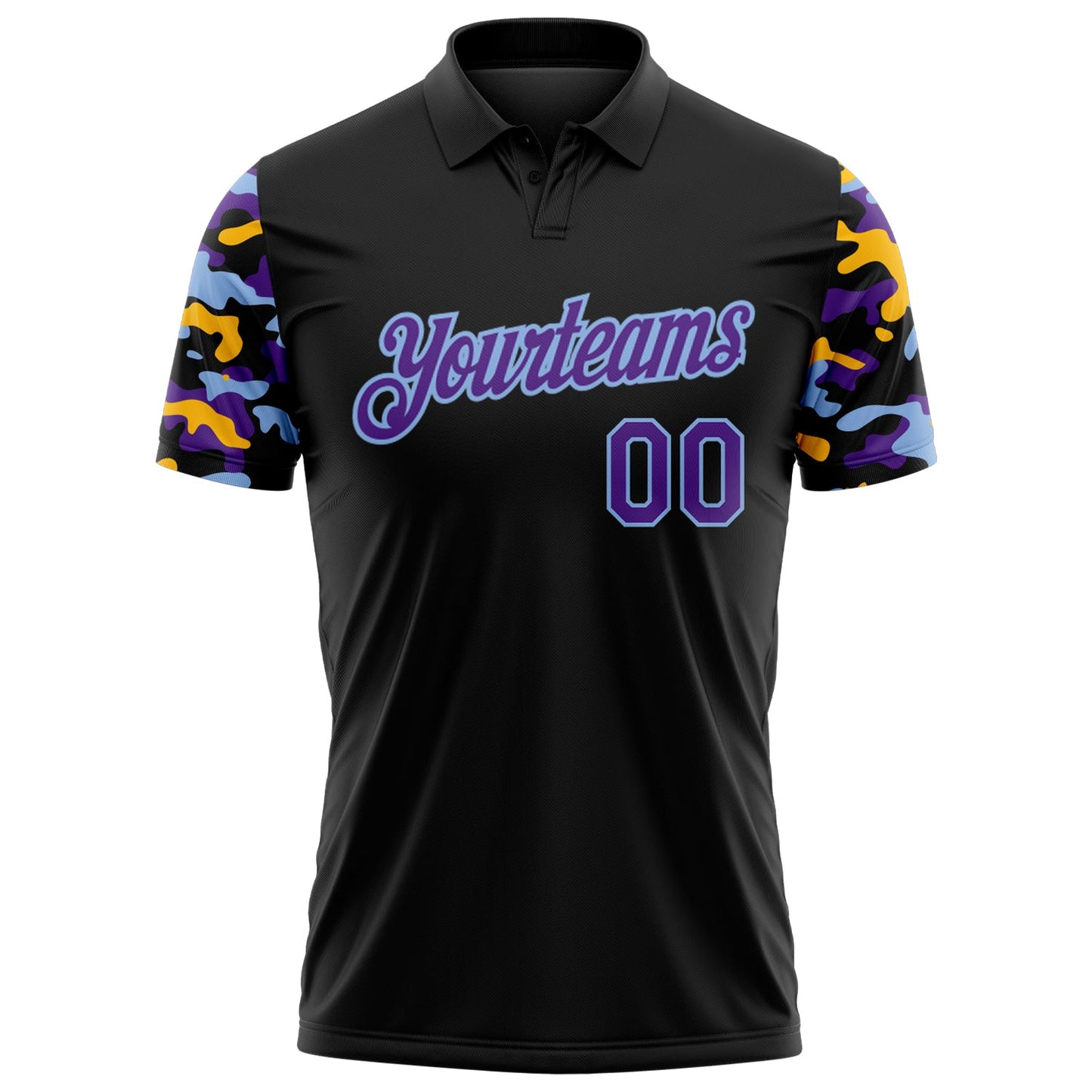 Custom Black Purple Light Blue-Gold Digital Camo Two Tone Performance Polo Shirt