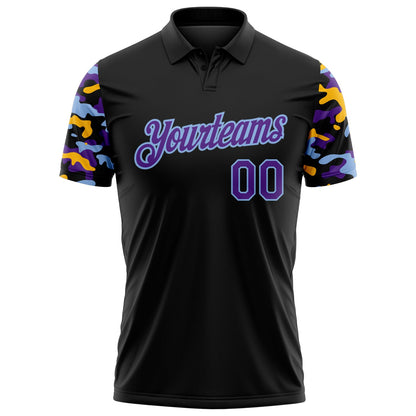 Custom Black Purple Light Blue-Gold Digital Camo Two Tone Performance Polo Shirt