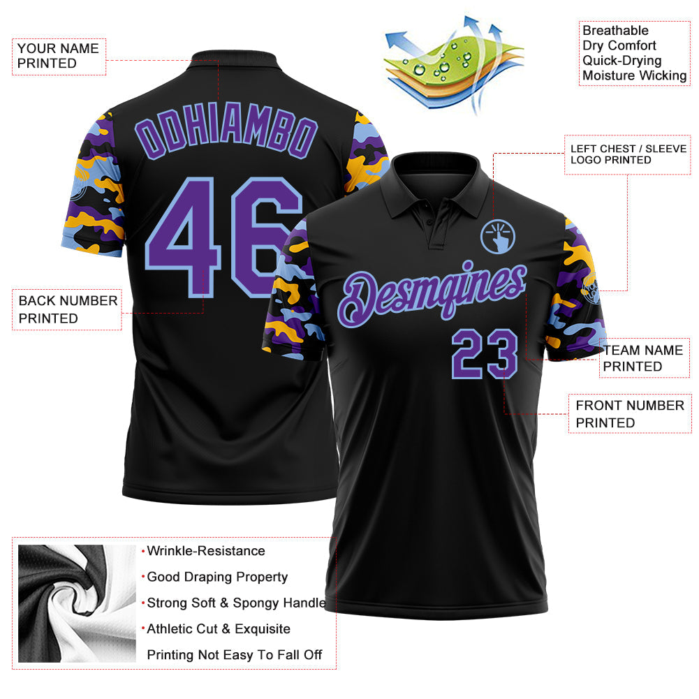 Custom Black Purple Light Blue-Gold Digital Camo Two Tone Performance Polo Shirt