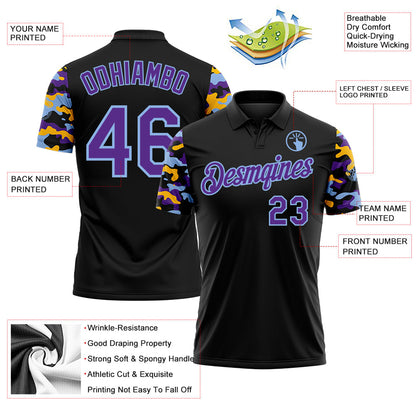 Custom Black Purple Light Blue-Gold Digital Camo Two Tone Performance Polo Shirt