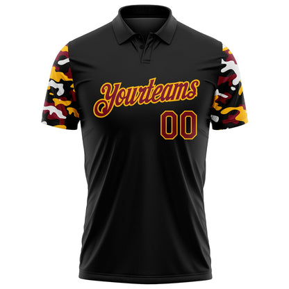 Custom Black Crimson Gold-White Digital Camo Two Tone Performance Polo Shirt