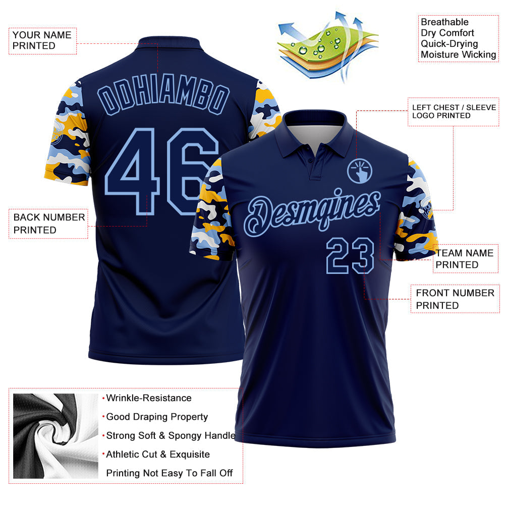 Custom Navy Light Blue Gold-White Digital Camo Two Tone Performance Polo Shirt