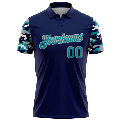 Custom Navy Teal Gray-White Digital Camo Two Tone Performance Polo Shirt