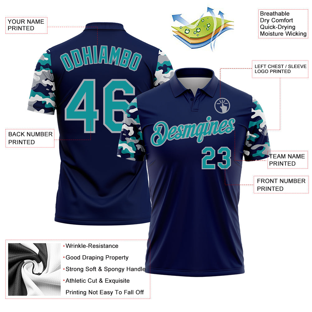 Custom Navy Teal Gray-White Digital Camo Two Tone Performance Polo Shirt