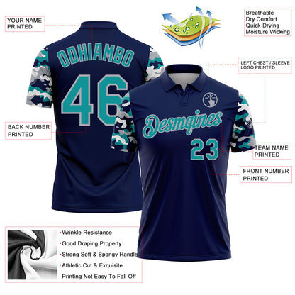 Custom Navy Teal Gray-White Digital Camo Two Tone Performance Polo Shirt