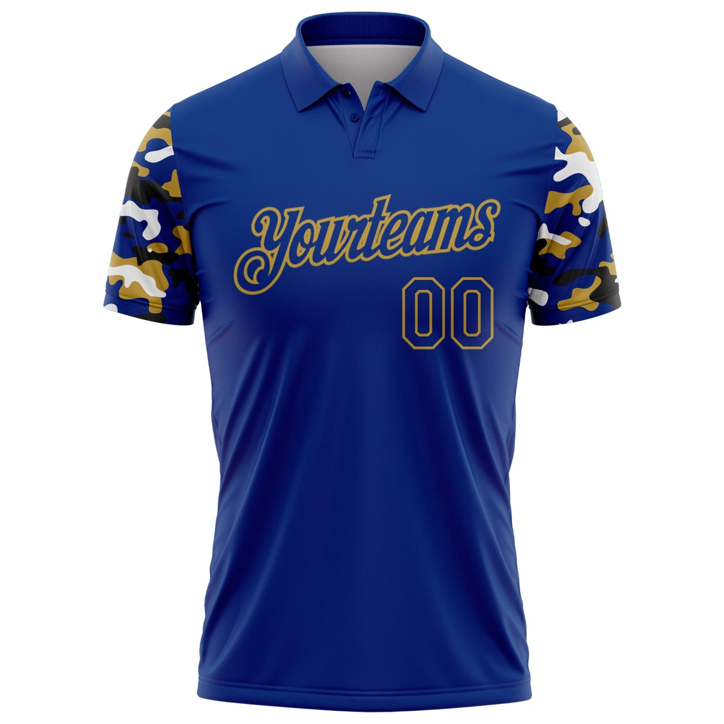 Custom Royal Old Gold Black-White Digital Camo Two Tone Performance Polo Shirt