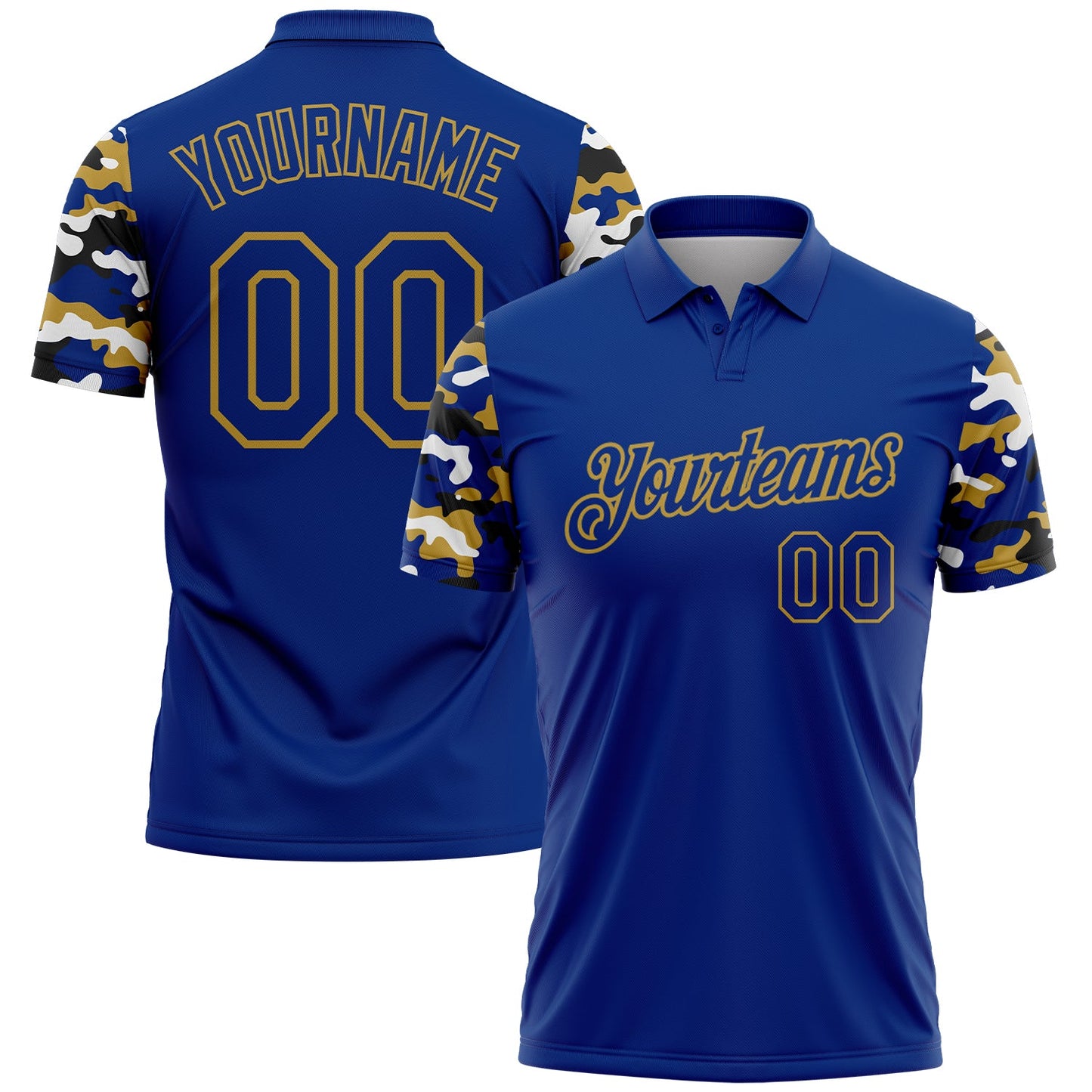 Custom Royal Old Gold Black-White Digital Camo Two Tone Performance Polo Shirt