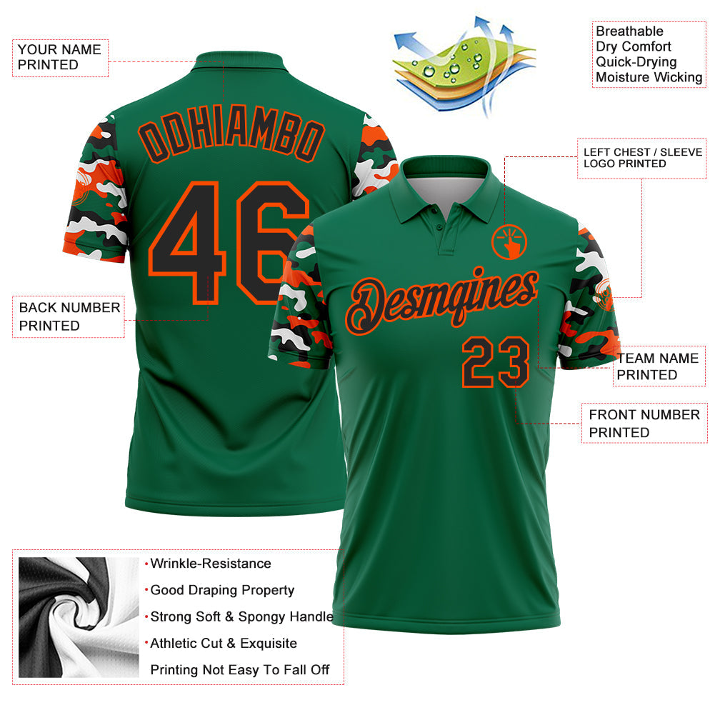 Custom Kelly Green Black Orange-White Digital Camo Two Tone Performance Polo Shirt