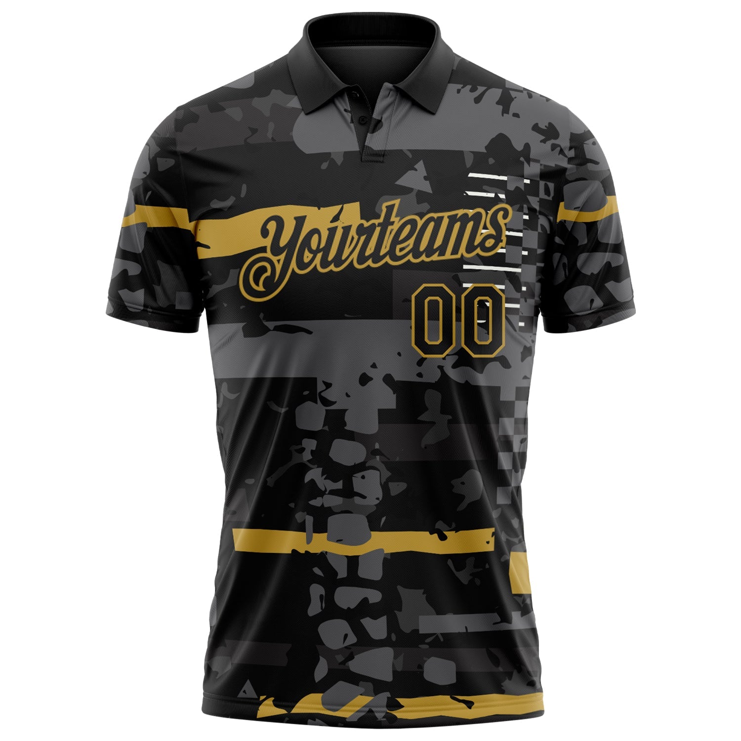 Custom Black-Old Gold Abstract Geometric Grunge Fragment Performance Polo Shirt