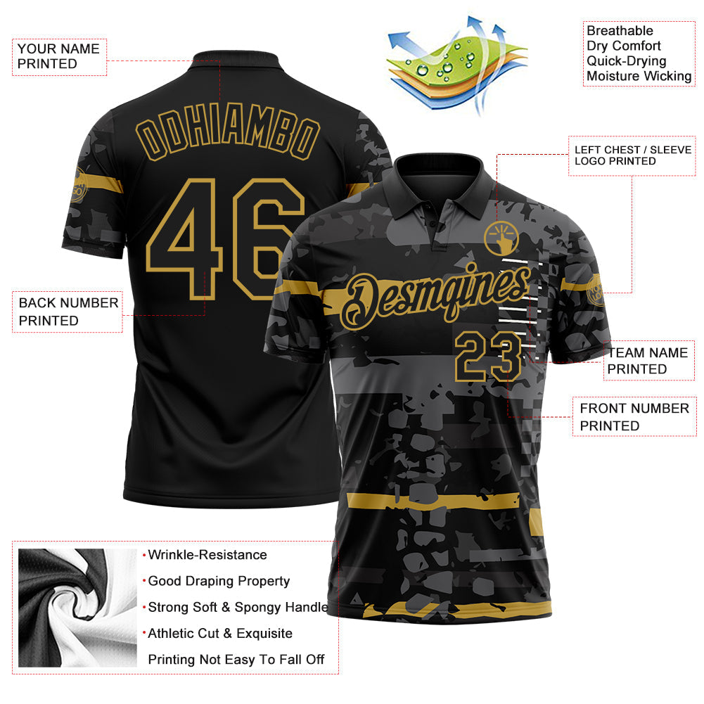 Custom Black-Old Gold Abstract Geometric Grunge Fragment Performance Polo Shirt