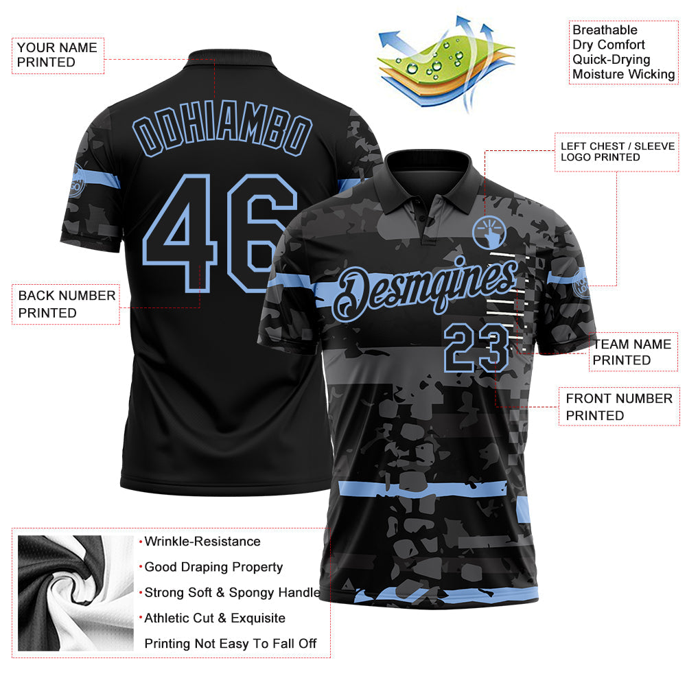 Custom Black-Light Blue Abstract Geometric Grunge Fragment Performance Polo Shirt