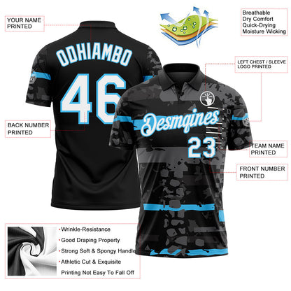 Custom Black White-Sky Blue Abstract Geometric Grunge Fragment Performance Polo Shirt
