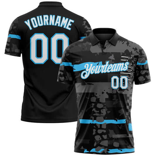 Custom Black White-Sky Blue Abstract Geometric Grunge Fragment Performance Polo Shirt
