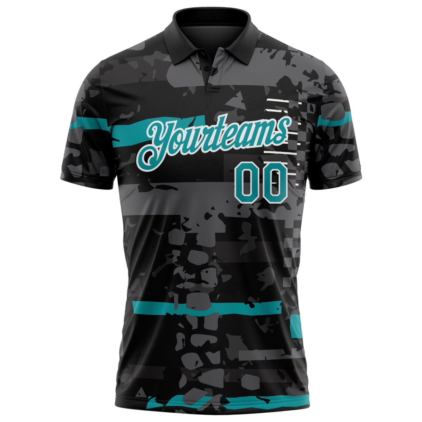 Custom Black Teal-White Abstract Geometric Grunge Fragment Performance Polo Shirt