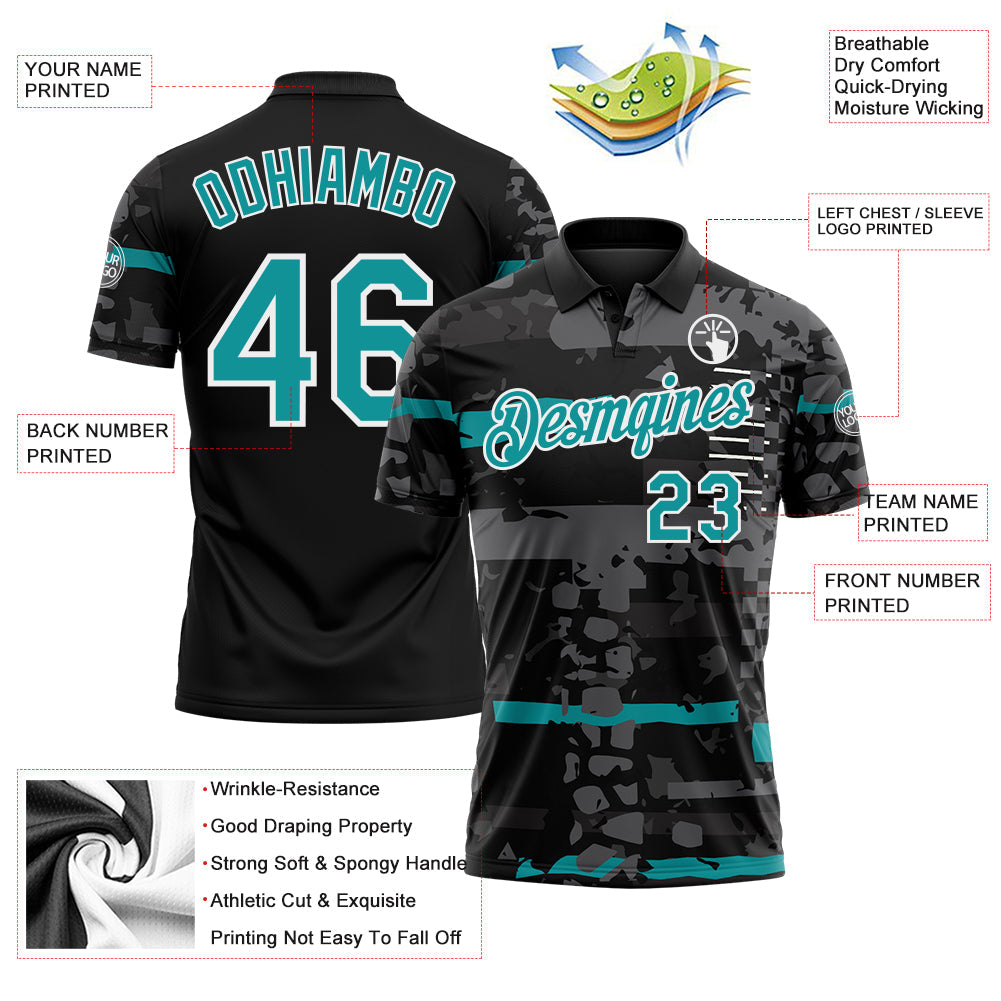 Custom Black Teal-White Abstract Geometric Grunge Fragment Performance Polo Shirt