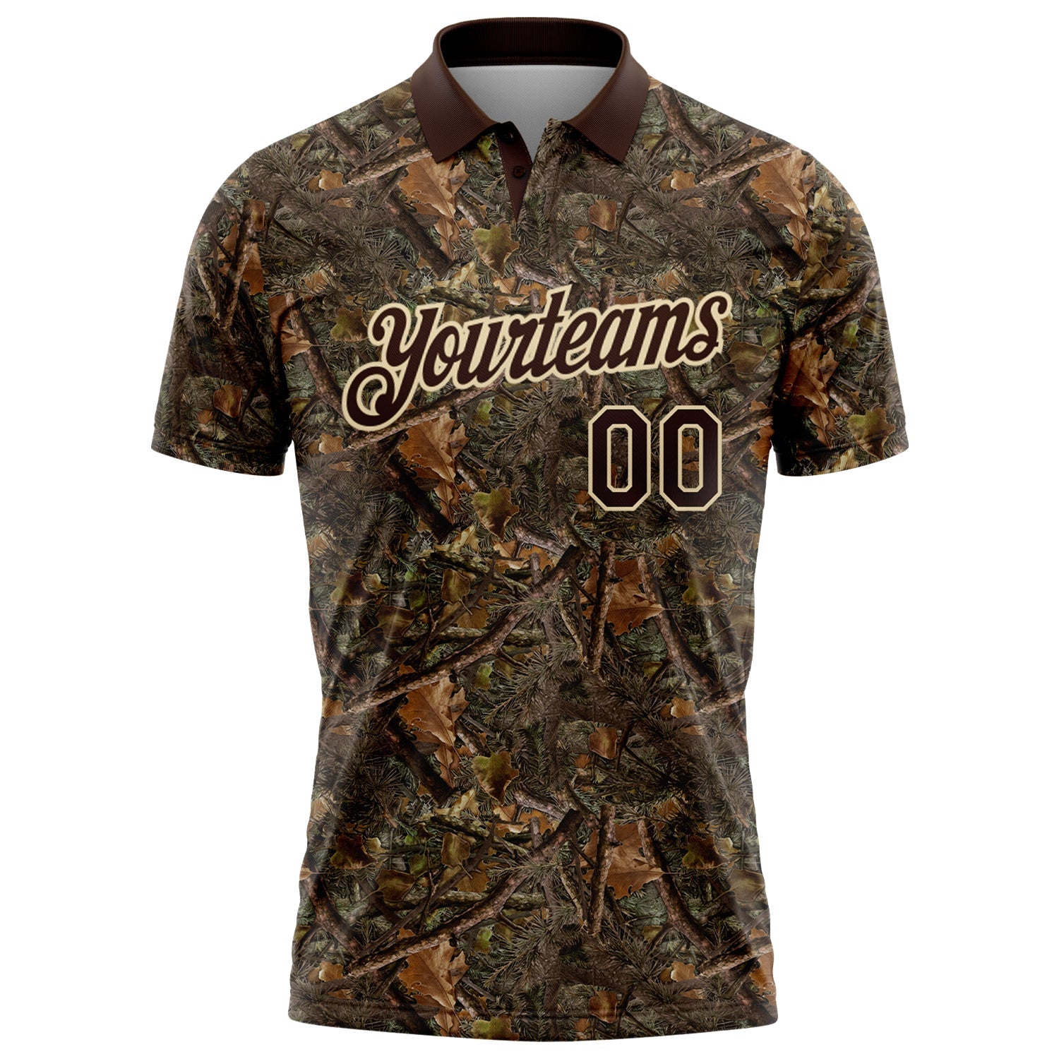 Custom Camo Brown-Cream Camo Woodland Forest Camouflage Salute To Service Performance Polo Shirt