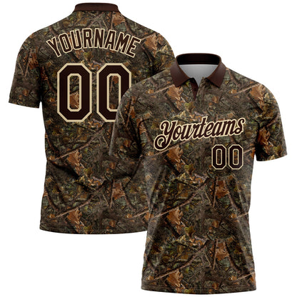 Custom Camo Brown-Cream Camo Woodland Forest Camouflage Salute To Service Performance Polo Shirt