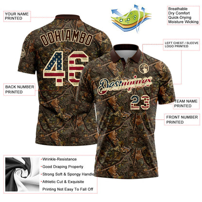 Custom Camo Vintage USA Flag Cream-Brown Camo Woodland Forest Camouflage Salute To Service Patriotic Performance Polo Shirt