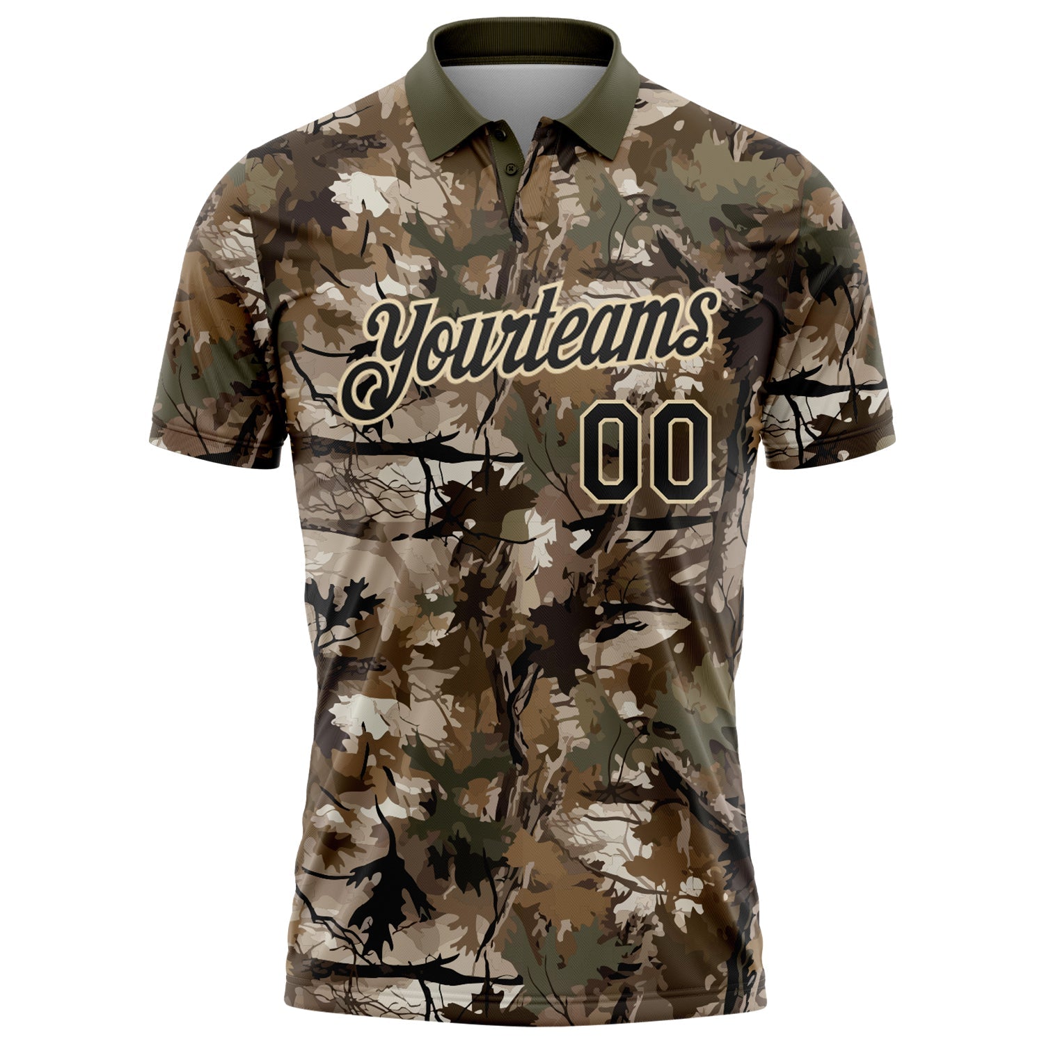 Custom Camo Black Cream-Olive Camo Woodland Forest Camouflage Salute To Service Performance Polo Shirt