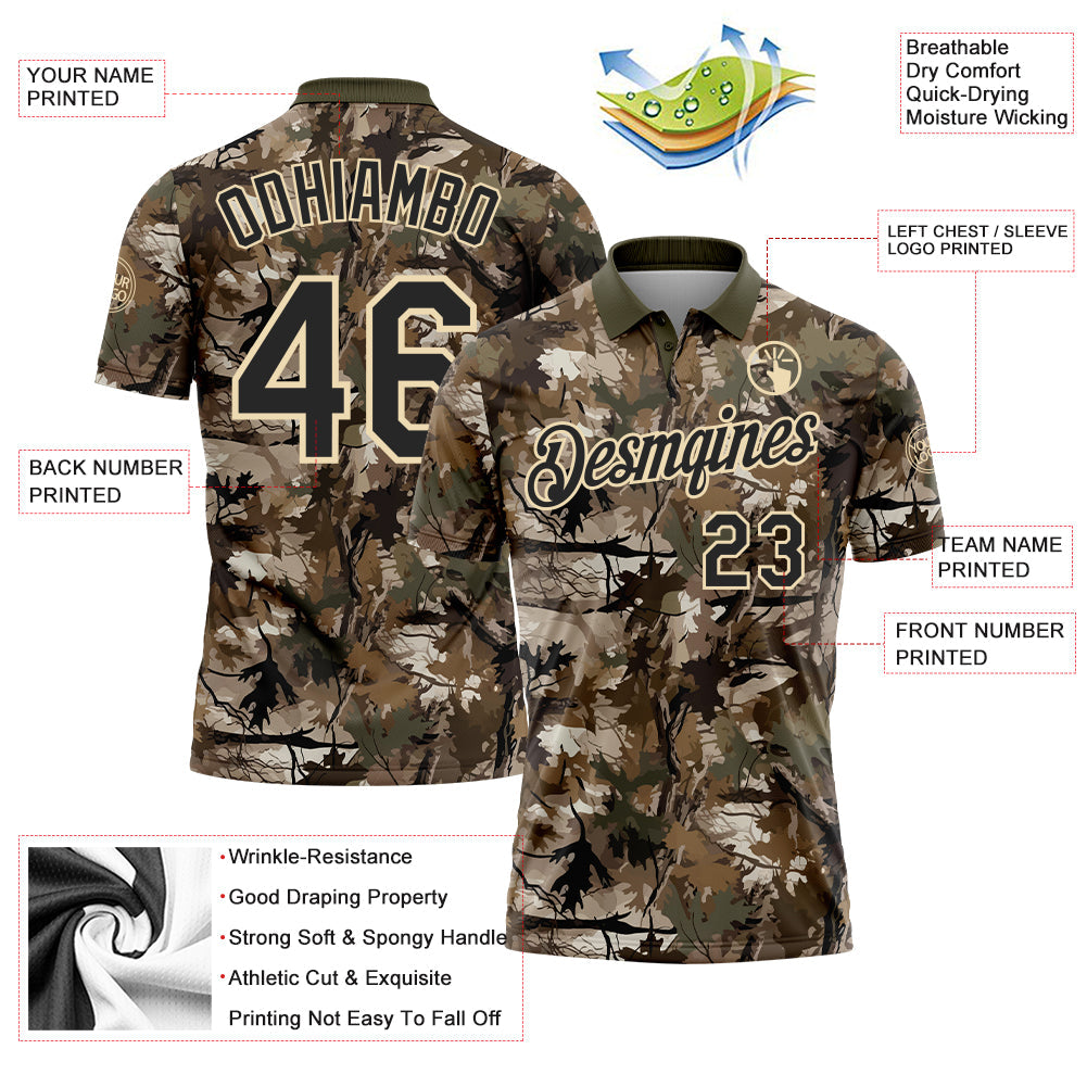 Custom Camo Black Cream-Olive Camo Woodland Forest Camouflage Salute To Service Performance Polo Shirt