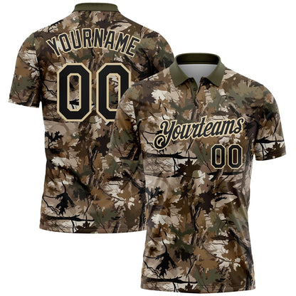 Custom Camo Black Cream-Olive Camo Woodland Forest Camouflage Salute To Service Performance Polo Shirt