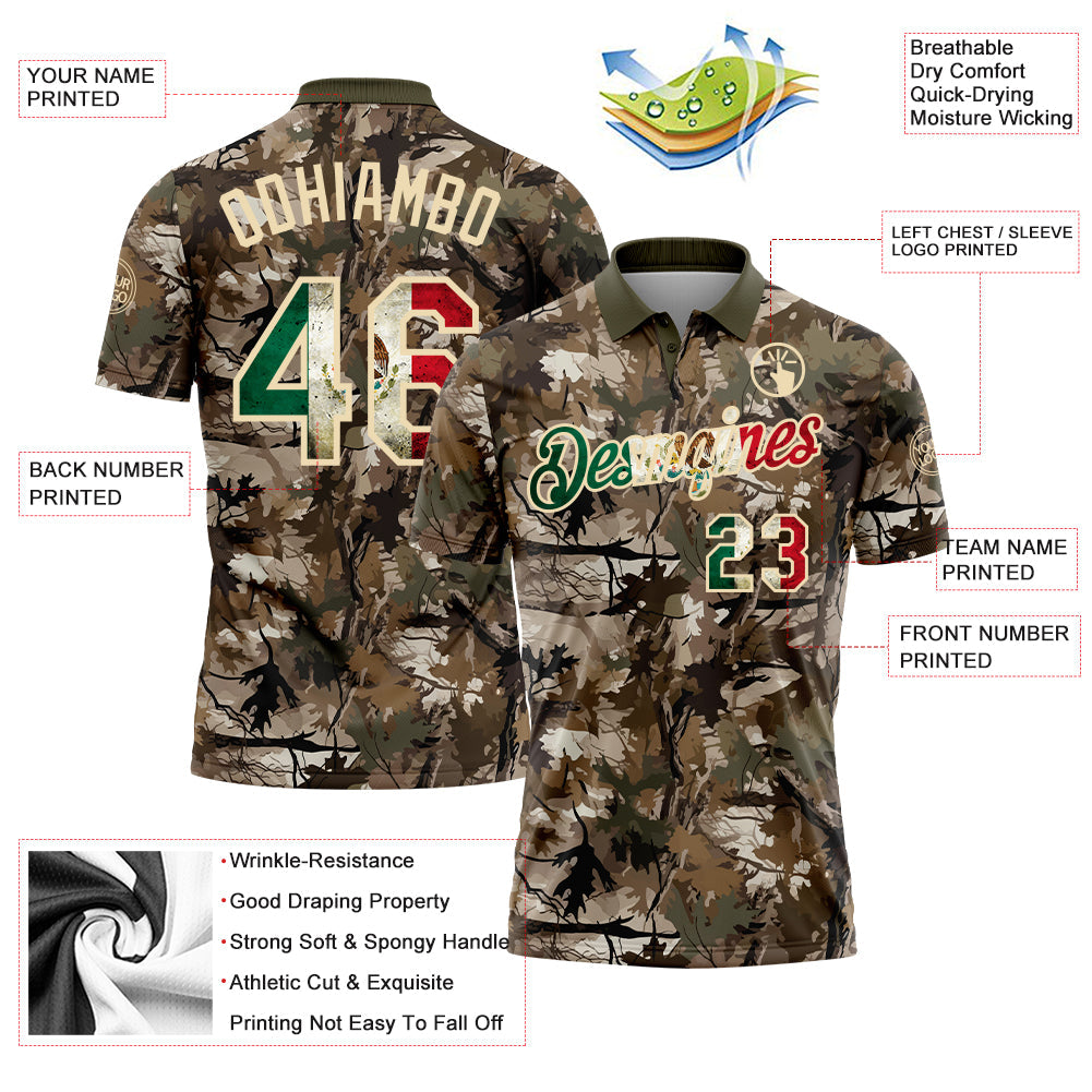 Custom Camo Vintage Mexican Flag Cream-Olive Camo Woodland Forest Camouflage Salute To Service Patriotic Performance Polo Shirt