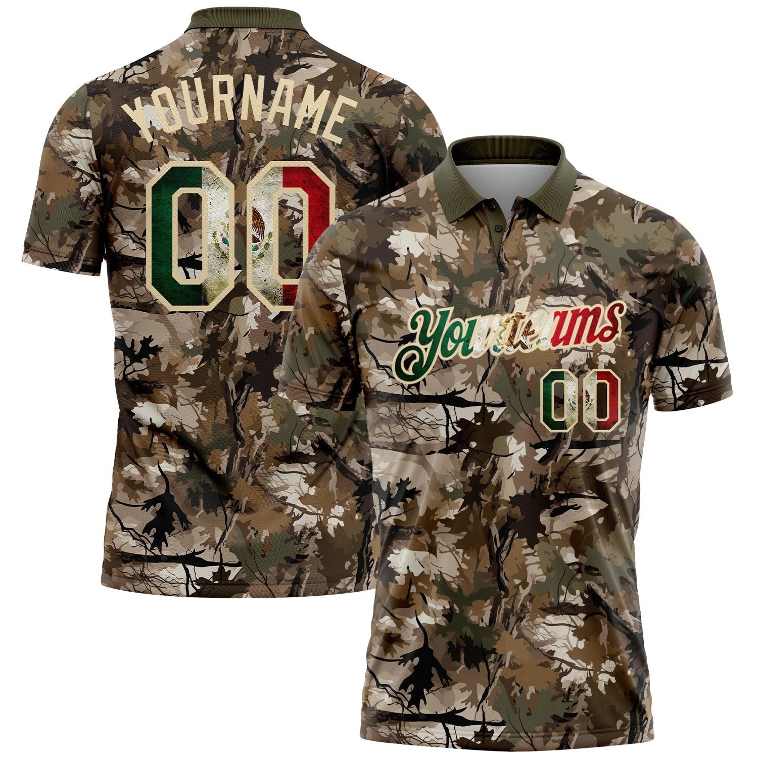 Custom Camo Vintage Mexican Flag Cream-Olive Camo Woodland Forest Camouflage Salute To Service Patriotic Performance Polo Shirt