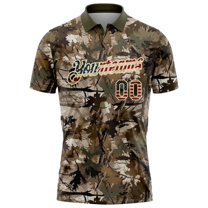 Custom Camo Vintage USA Flag Cream-Olive Camo Woodland Forest Camouflage Salute To Service Patriotic Performance Polo Shirt
