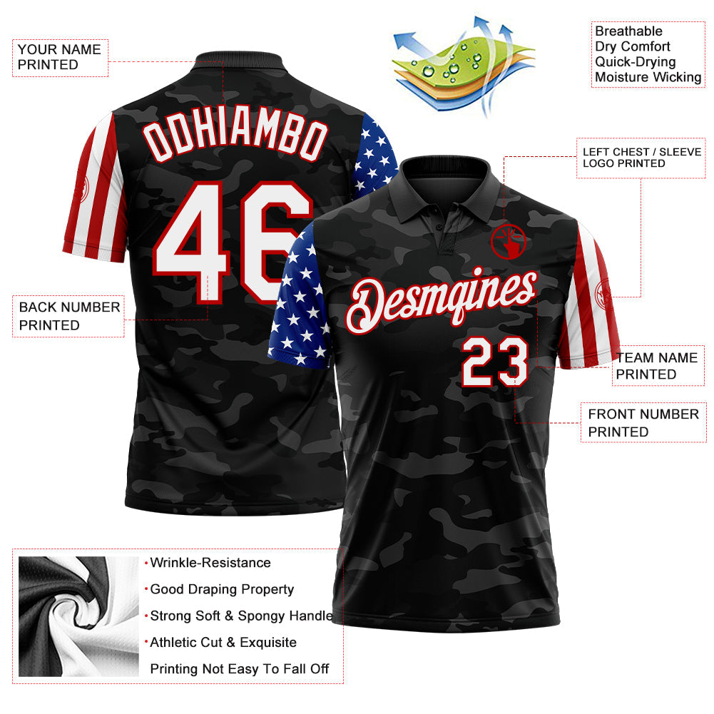 Custom Camo White Red-Black Stars & Stripes Two Tone Salute To Service Performance Polo Shirt
