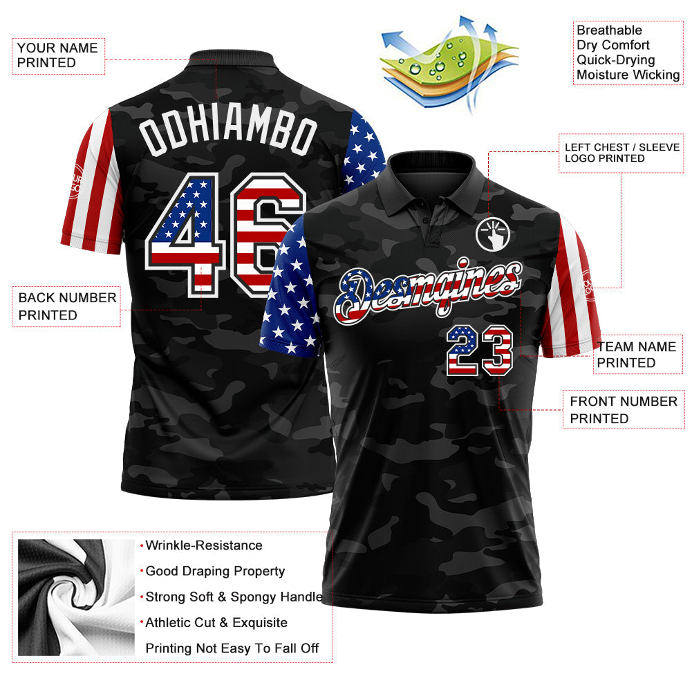 Custom Camo USA Flag Black-White Stars & Stripes Two Tone Salute To Service Patriotic Performance Polo Shirt