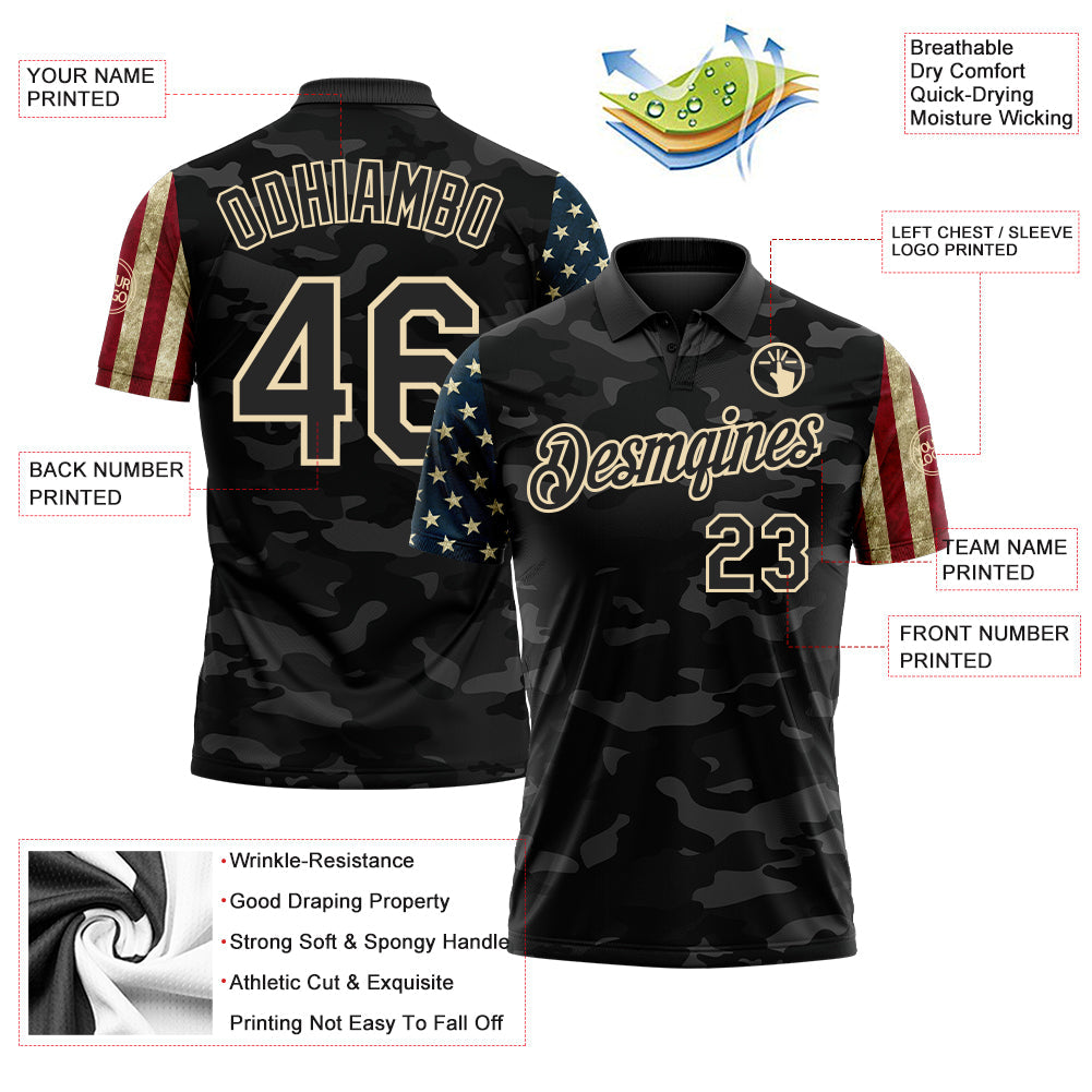 Custom Camo Black-Cream Stars & Stripes Two Tone Salute To Service Patriotic Performance Polo Shirt