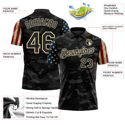 Custom Camo Black-Cream Stars & Stripes Two Tone Salute To Service Patriotic Performance Polo Shirt